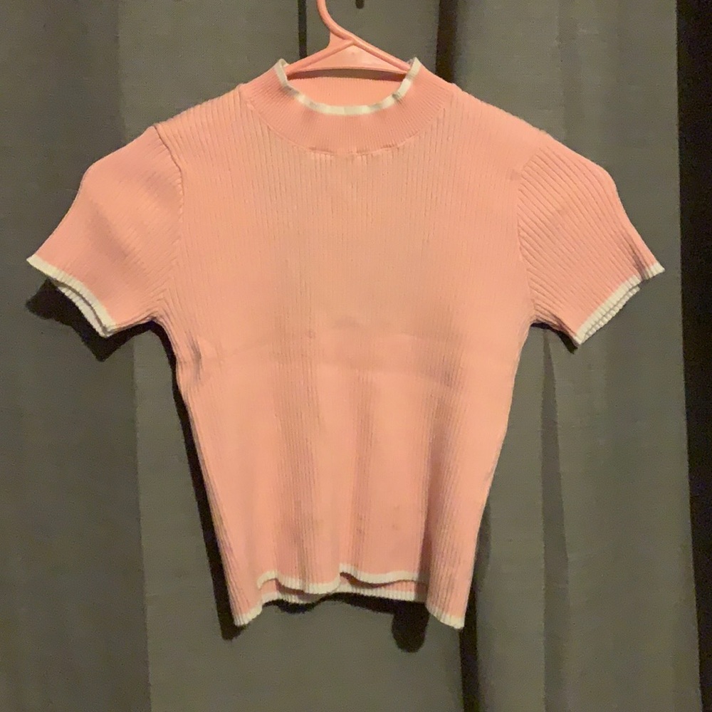 O&O Pink Knit Crop Top with White Border Lines